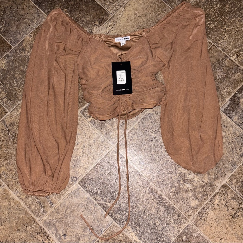 NWT Mesh Drawstring Tan Ruched Top - Picture 2 of 9